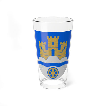 Gold three-towered castle and spoked wheel above a blue wavy band on a silver and blue heraldic shield.