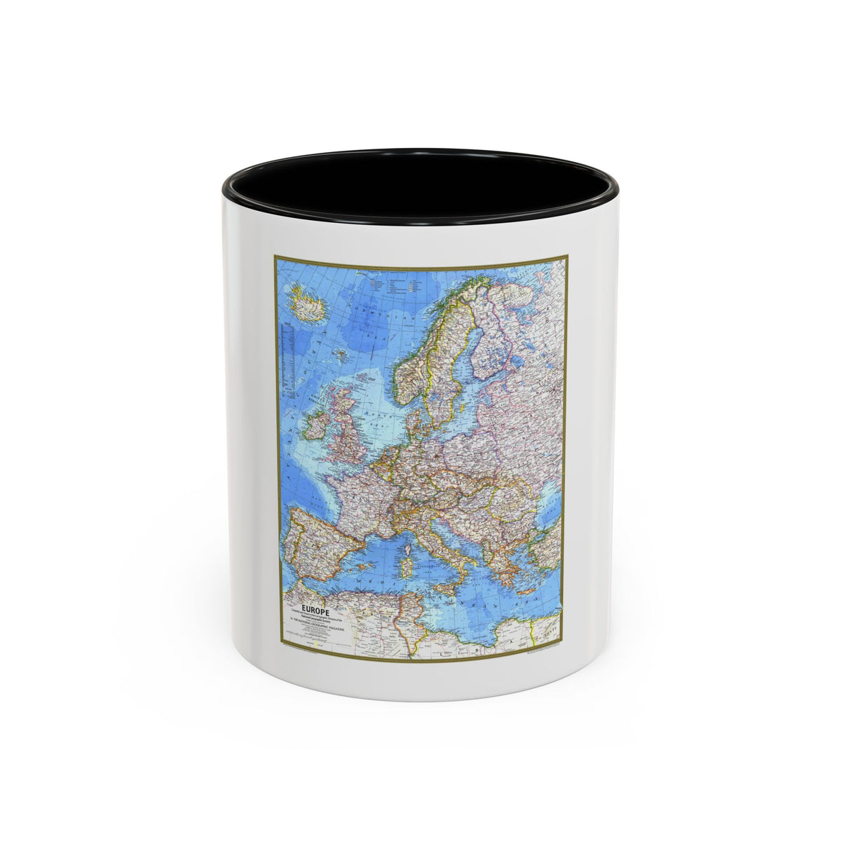 Political map of Europe with the Mediterranean, North Africa and Scandinavia, in cream and pink with a gold border.