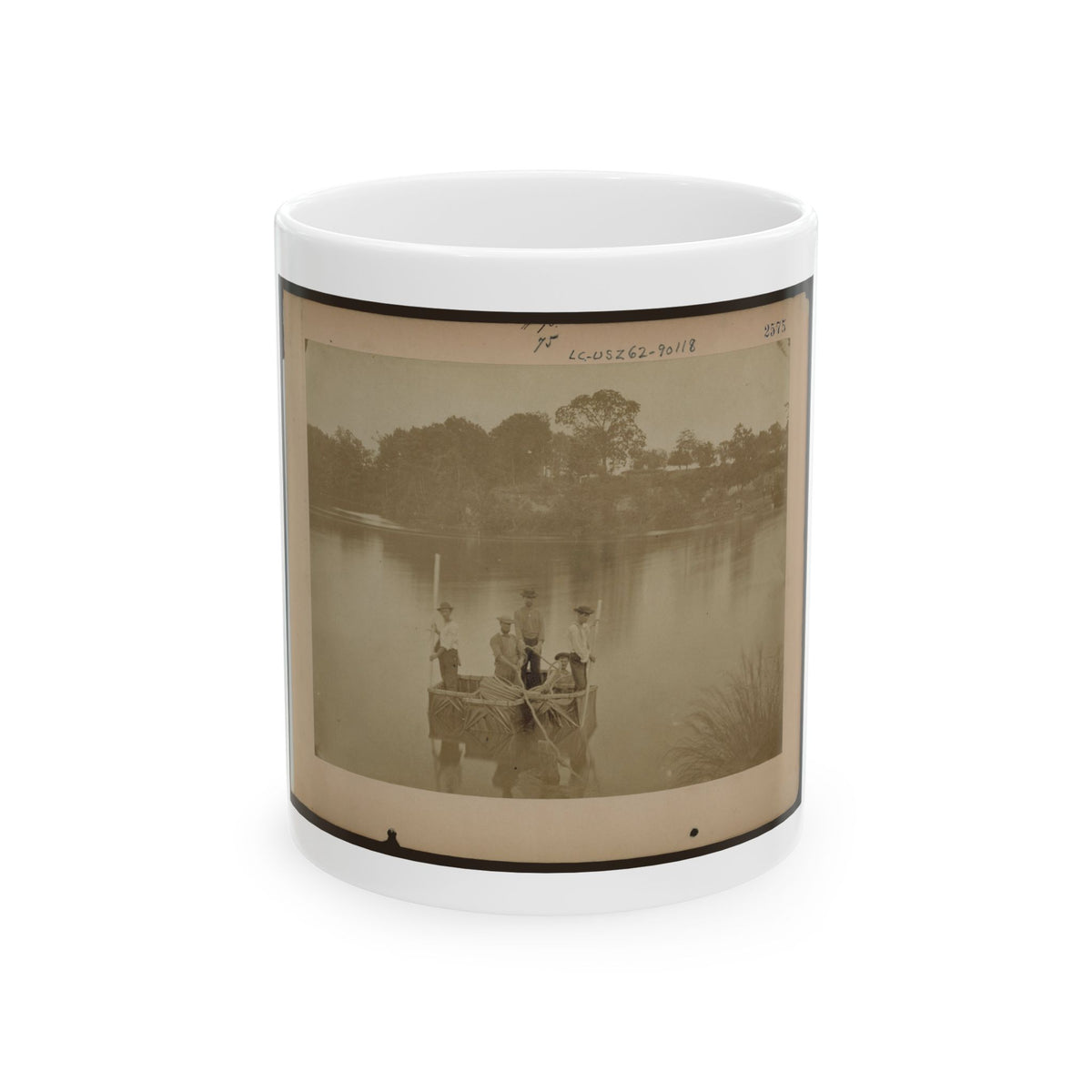 Military Construction In Northern Virginia  Five Men In Three Blanket Boats Strapped Together On The Potomac River (U.S. Civil War) White Coffee Mug