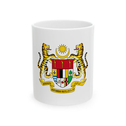 Malaysian coat of arms from 1965 with two gold tigers flanking a shield, a crescent and star above.