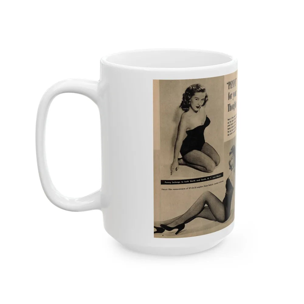 Penny Duncan #45 - [Pages 4 & 5] Pages 1 & 2 of 2 with, Penny+2 B&W Photos, Captions & Short Snippet from GALA Mag. Sept. '52 (Vintage Female Icon) White Coffee Mug-Go Mug Yourself