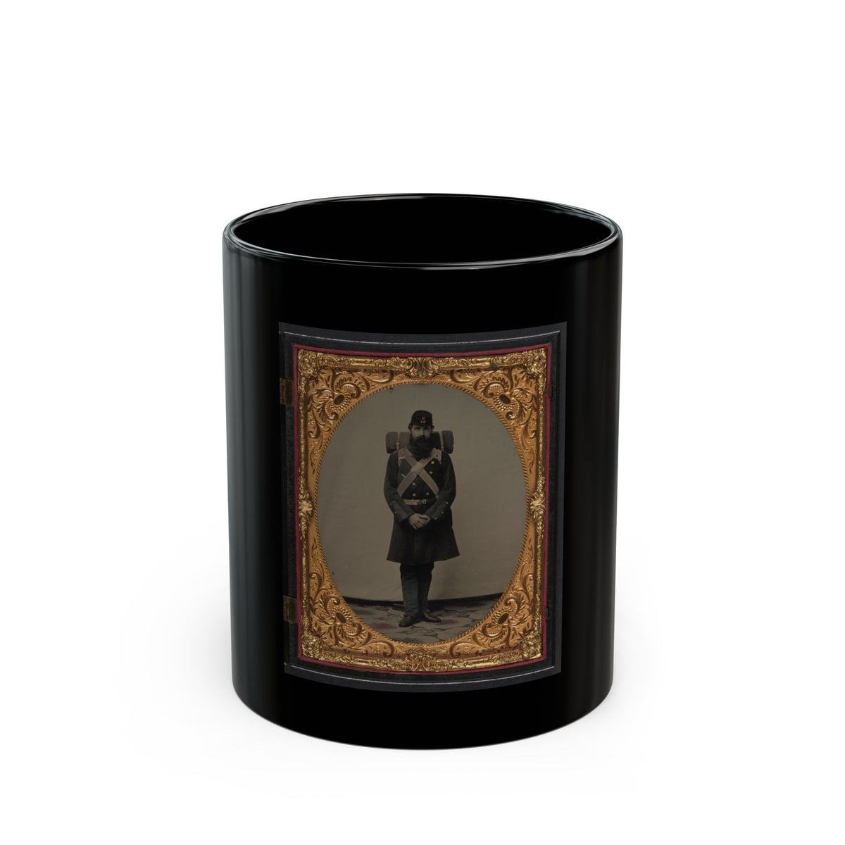 Unidentified Soldier In Union Frock Coat And Company C, 71st Regiment Forage Cap With Knapsack And Bedroll (U.S. Civil War) Black Coffee Mug