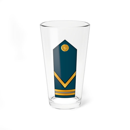 Teal military shoulder board with a gold laurel-wreathed crescent emblem and gold and silver bars near the base.