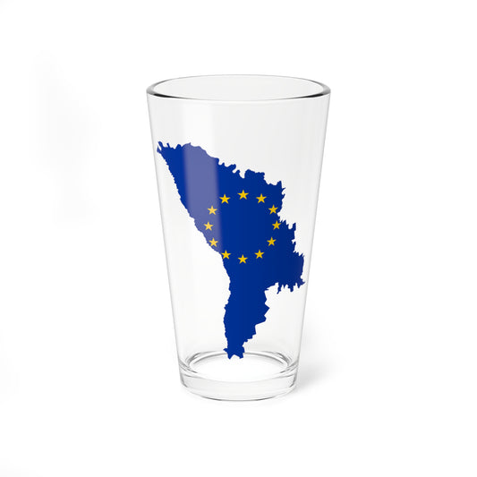 Blue silhouette of Moldova ringed by twelve yellow stars, like the European Union flag, on white.