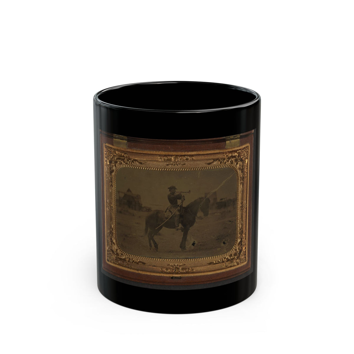 Unidentified Soldier In Union Uniform Atop Horse Blowing Bugle While Unsheathing Sword (U.S. Civil War) Black Coffee Mug