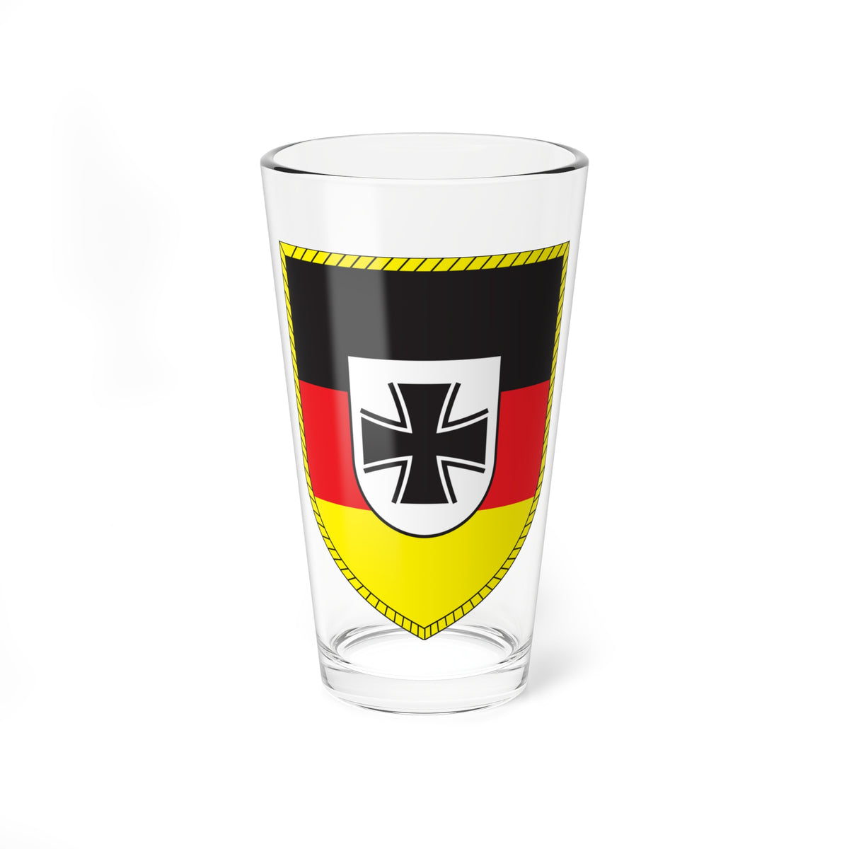 Black Iron Cross on a white inset shield over black, red and yellow bands inside a yellow striped shield border.