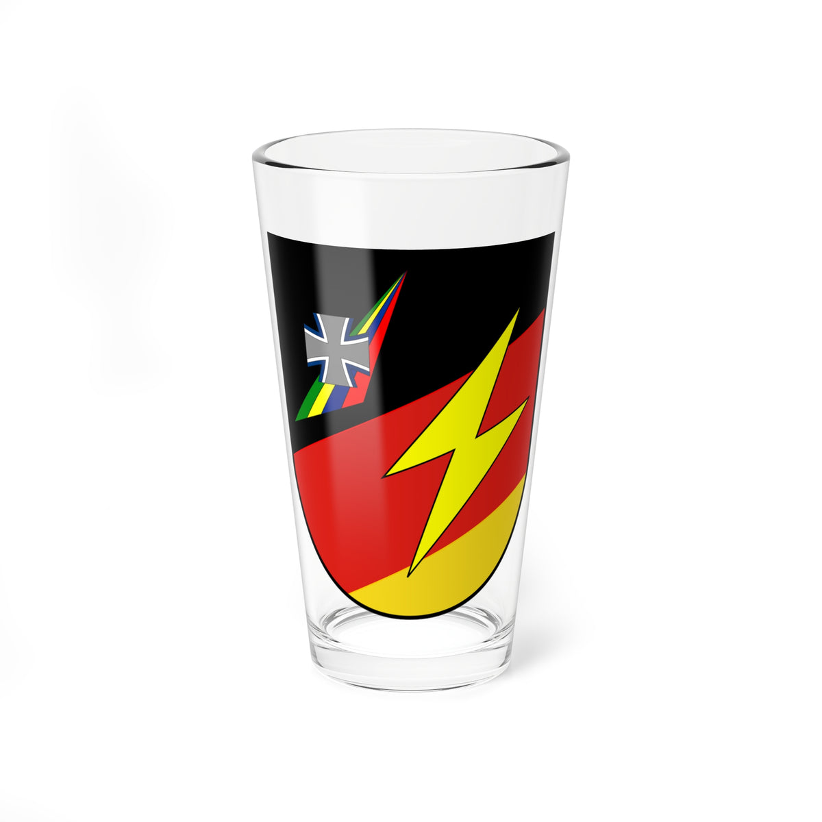 Yellow lightning bolt over red and gold diagonal bands, with a small grey cross and streamers on a black shield.
