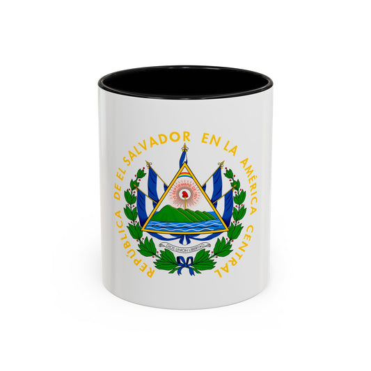 Circular national seal with a green volcano over blue water, a red liberty cap in the sun and a laurel wreath.