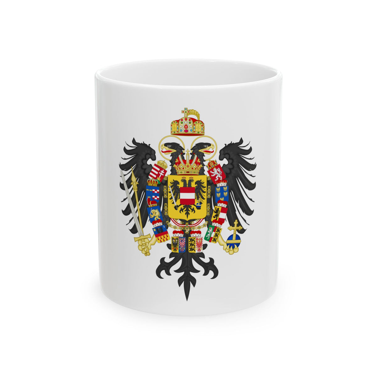 Black double-headed eagle with a gold central shield, jewelled crown and regalia, and rows of small coloured shields.