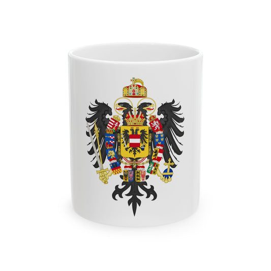 Black double-headed eagle with a gold central shield, jewelled crown and regalia, and rows of small coloured shields.