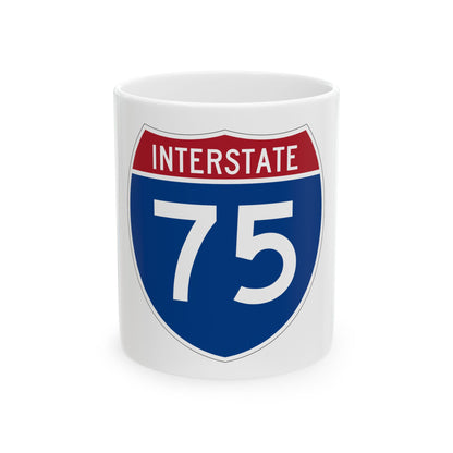 Flat vector US Interstate 75 route shield: white INTERSTATE above the number 75, set on navy blue.
