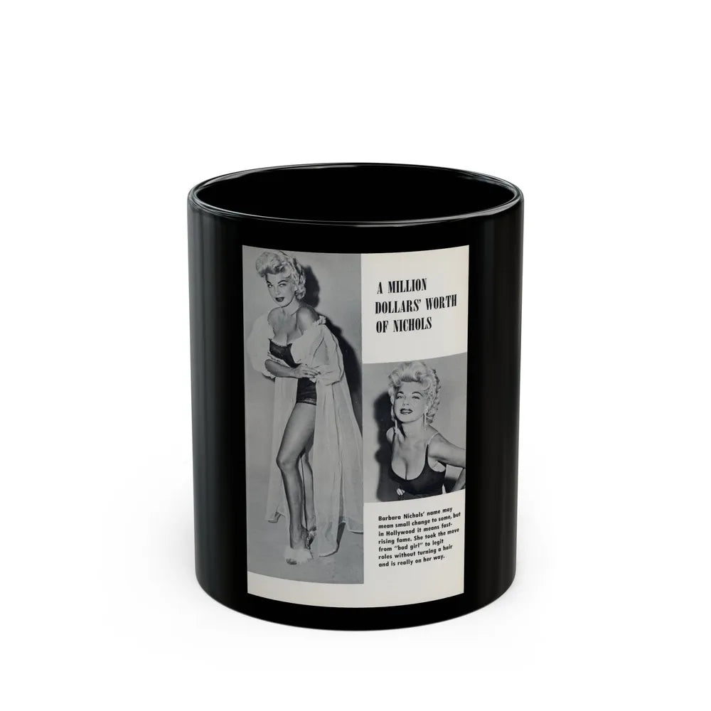 Barbara Nichols #489 - Page 1 of 2 with, 2 B&W Photos & Caption from picture DIGEST Mag. April '57 (Vintage Female Icon) Black Coffee Mug-11oz-Go Mug Yourself