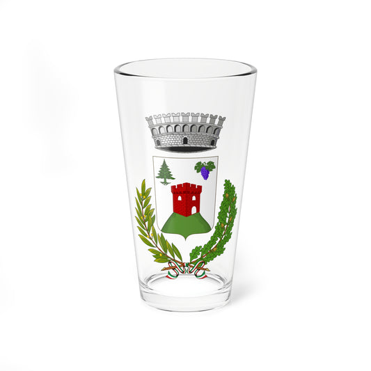 Coat of arms with a red brick tower on a green hill, a fir tree and purple grapes, framed by laurel and oak branches.