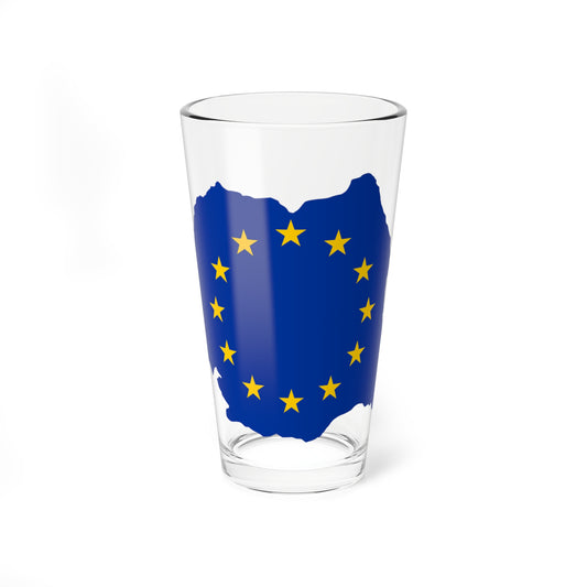 Map of Romania filled with the blue field and circle of yellow stars from the European Union flag, on white.
