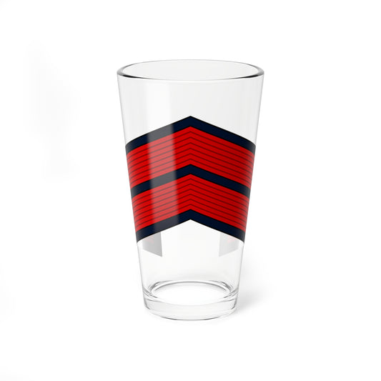 Two stacked red chevrons with fine parallel stripes, edged in navy blue, pointing upward on white.
