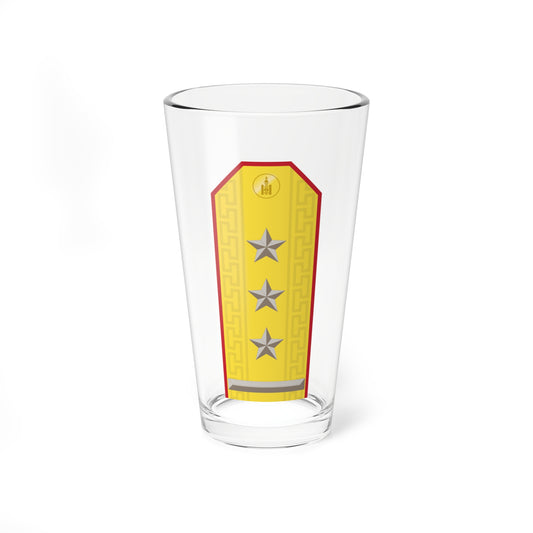 Gold military shoulder board with red edging, three silver stars, a Greek key border and a gold roundel emblem.