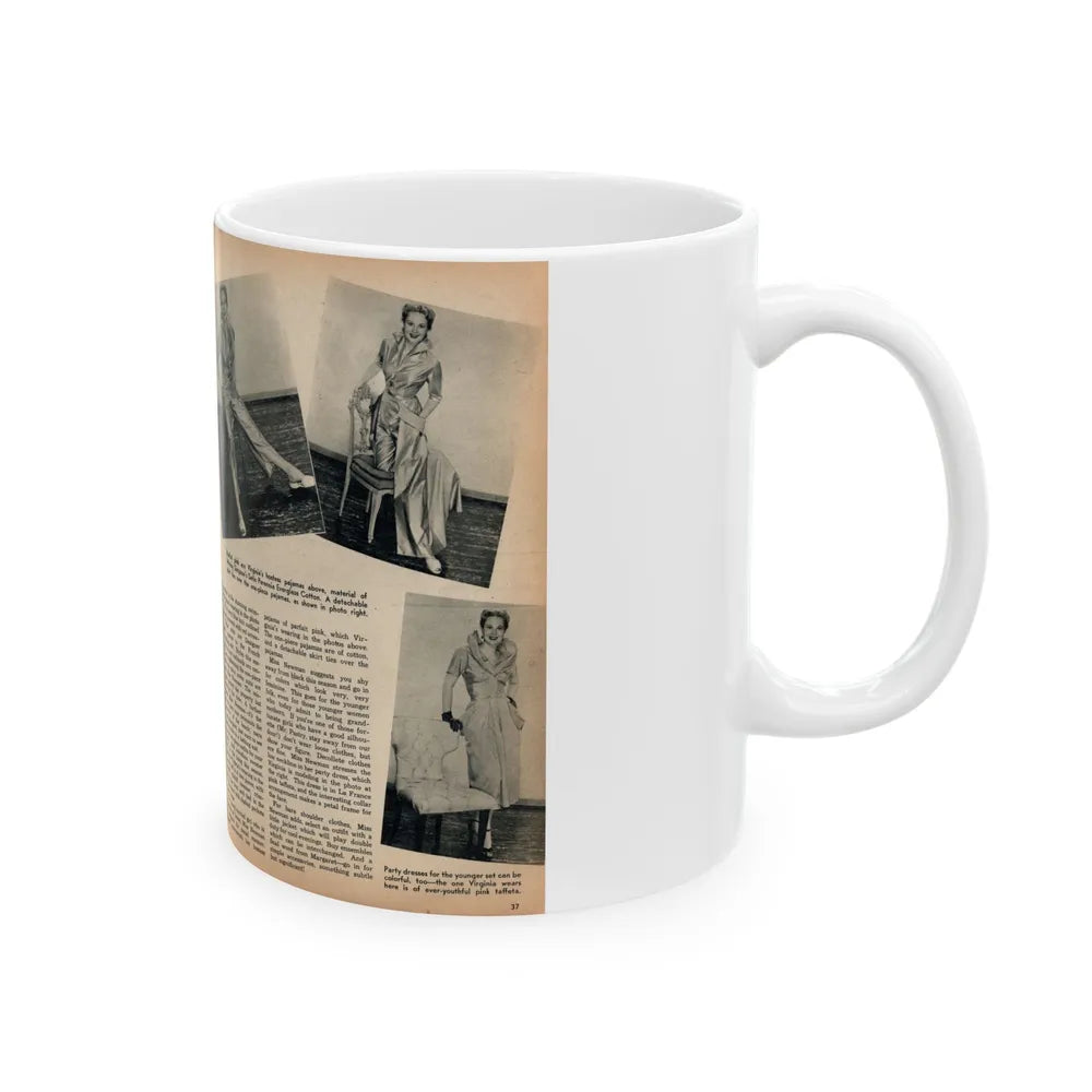 Virginia Mayo #289 - 2 Pages of Virginia+1 B&W Pin-Up Pic+4 B&W Fashion Pics circa late 40's from a Movie Star Magazine (Vintage Female Icon) White Coffee Mug-Go Mug Yourself