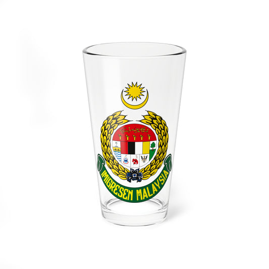 Gold wheat wreath frames a crescent and star, shield and green banner lettered IMIGRESEN MALAYSIA in a round emblem.