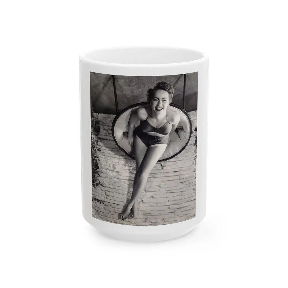 Terry Moore #732 - 8x10 1953 B&W Two Piece Full Body Swimsuit Barefoot Cheesecake Photo from 20th Century Fox Photo Shoot (Vintage Female Icon) White Coffee Mug-15oz-Go Mug Yourself