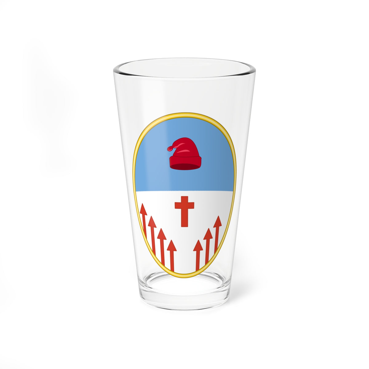 Crimson stocking cap above a cross and upward arrows in scarlet, inside a gold oval frame with blue and white fields.