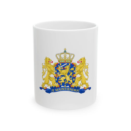 Royal coat of arms with two gold lion supporters around a blue shield bearing a gold lion, under a crown.
