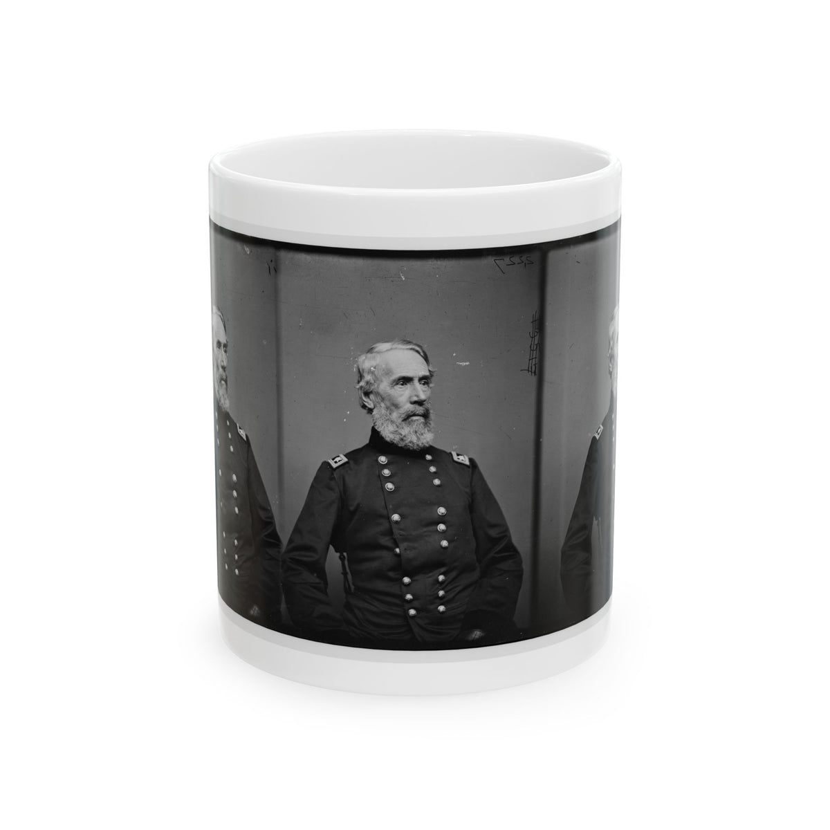 Black and white vintage triptych of one older bearded man in a dark military coat, repeated in three panels.