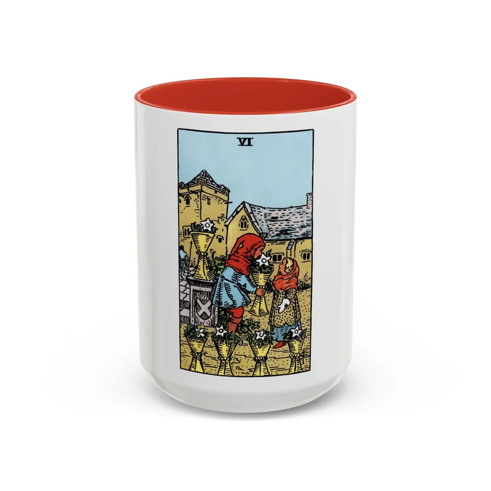 The 6 of Cups (Tarot Card) Accent Coffee Mug-15oz-Red-Go Mug Yourself