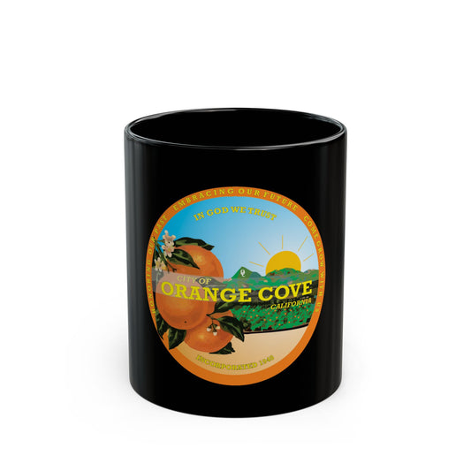 Round badge for Orange Cove, California, with oranges on a branch, a rising sun over green hills and an orchard.