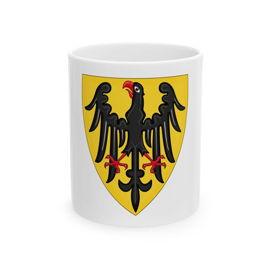 Black eagle with spread wings and red talons and beak displayed on a gold heater shield in flat style.