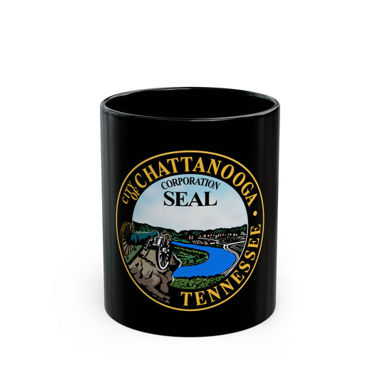 Circular seal of Chattanooga, Tennessee, showing a cannon on a rock ledge above a river bend and the city skyline.