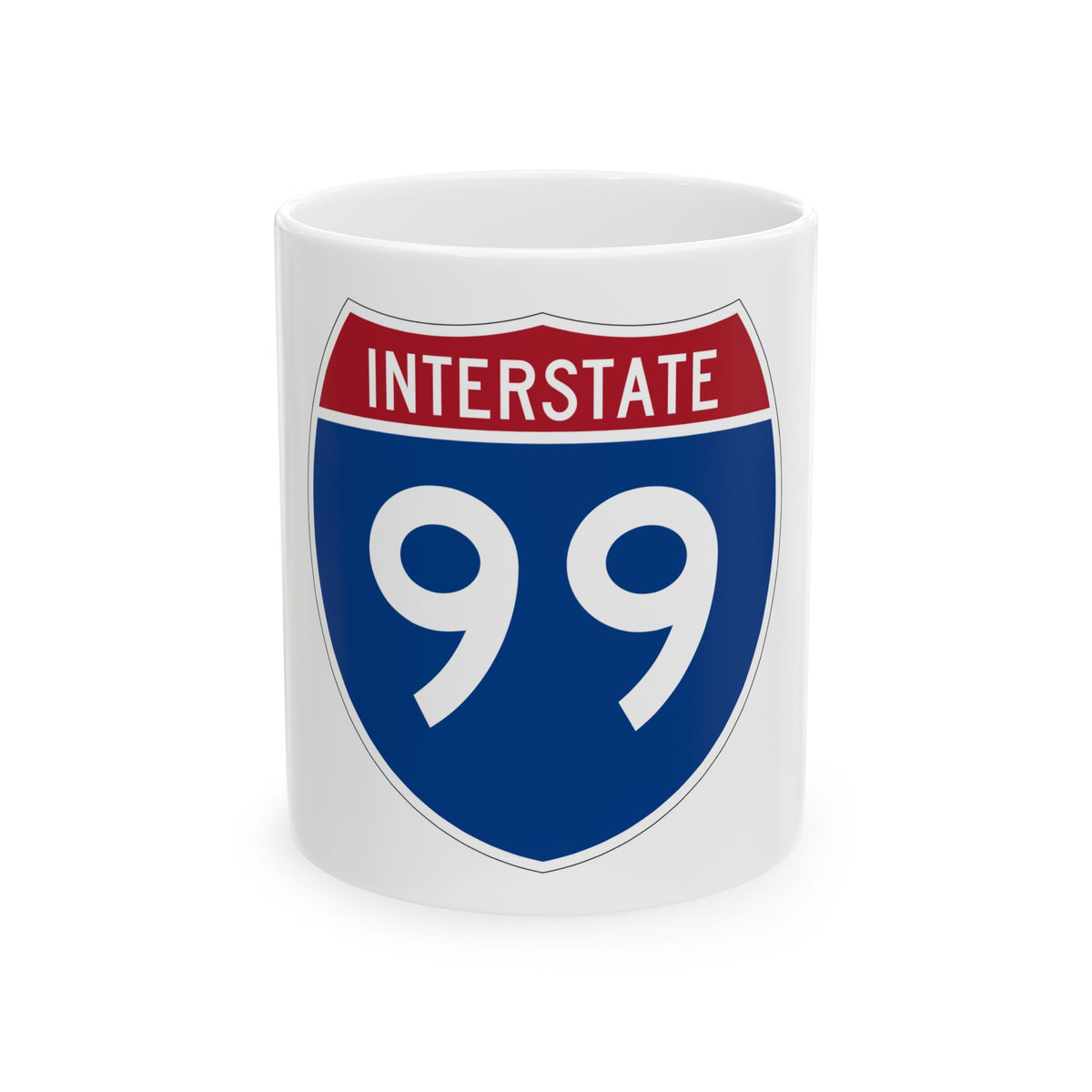 Flat vector US Interstate highway shield in blue and red, with white INTERSTATE lettering above the number 99.