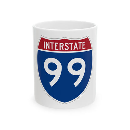 Flat vector US Interstate highway shield in blue and red, with white INTERSTATE lettering above the number 99.