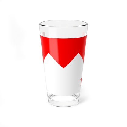 Solid red band with a three-peaked zigzag lower edge across the top of a white field, small red star lower right.