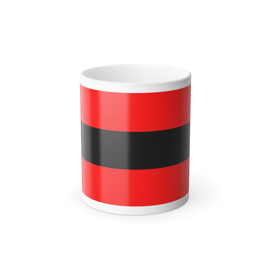 Bold red and black horizontal stripes, two red bands framing a wide central band across the design.