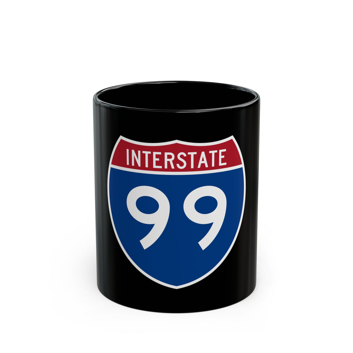 Flat vector US Interstate highway shield in blue and red, with white INTERSTATE lettering above the number 99.