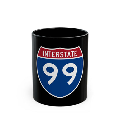 Flat vector US Interstate highway shield in blue and red, with white INTERSTATE lettering above the number 99.