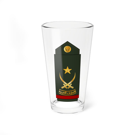 Dark olive green shoulder board with a gold star above crossed swords and a red band at its base.