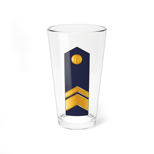 Navy pointed shoulder board with a gold laurel-wreathed crown badge at top and two gold chevrons stacked near the base.