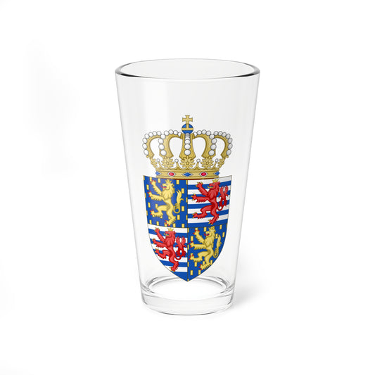 Quartered heraldic shield with red and gold rampant lions on blue and striped fields, topped by a pearl crown.