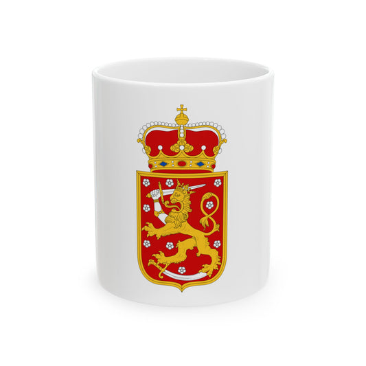 Red heraldic shield with a gold crowned lion holding a sword, scattered with white roses, under a jeweled crown.