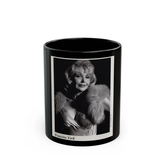 Francine York #171 - 8x10 B&W very recent Upper Body Glamour Night Gown with, Fur Photo on Postcard Paper (Vintage Female Icon) Black Coffee Mug-11oz-Go Mug Yourself