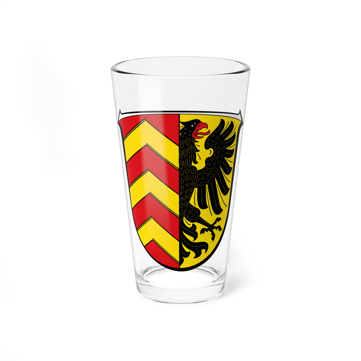 Heraldic shield split with red chevrons on one side and a black eagle with spread wings on gold.