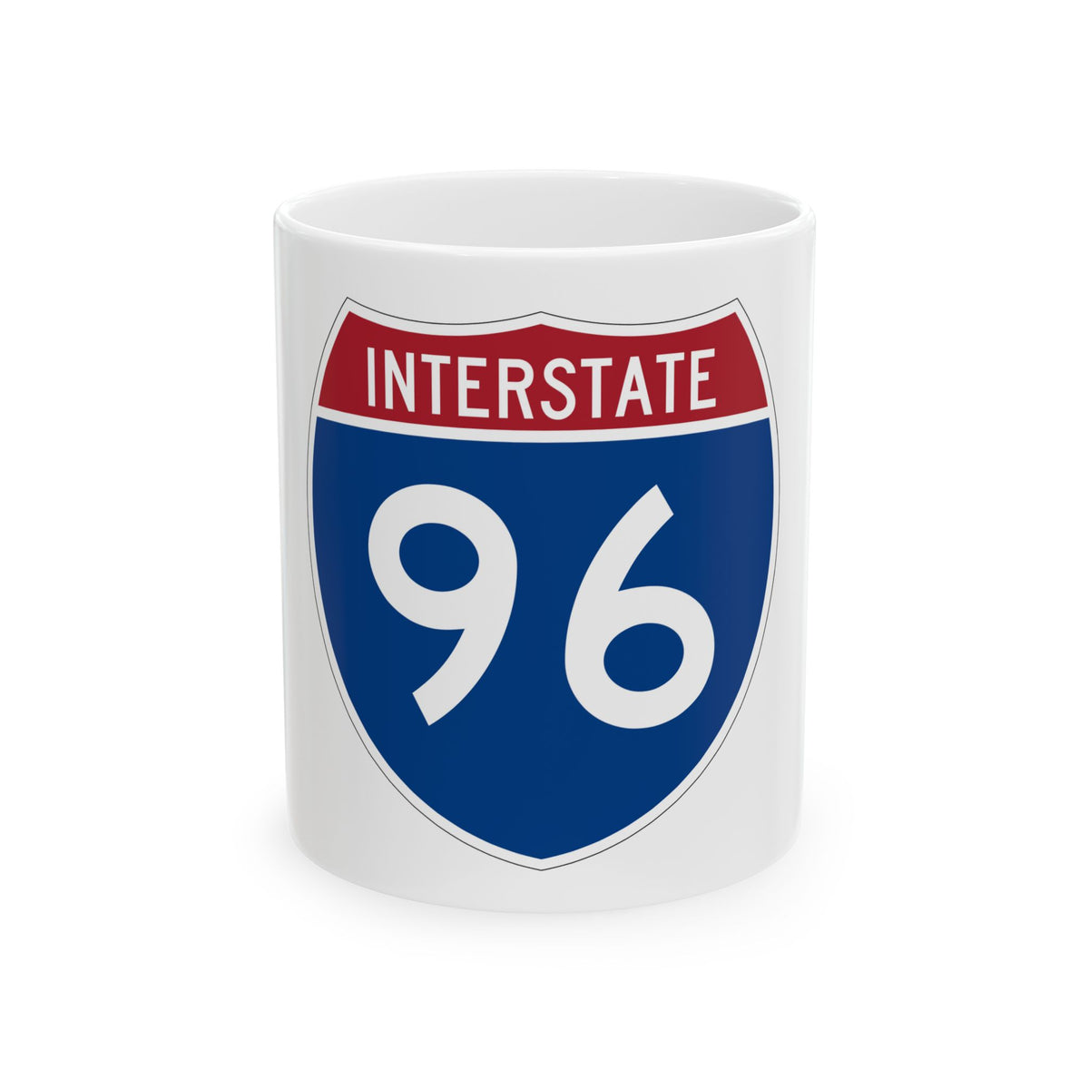 Flat vector US Interstate highway shield in blue and red, with white INTERSTATE lettering above the number 96.