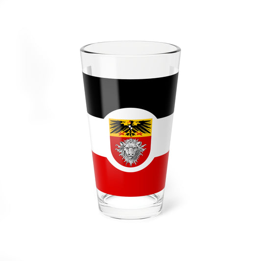 Black, white and red horizontal tricolour with a white roundel holding a shield of a black eagle over a silver lion head.