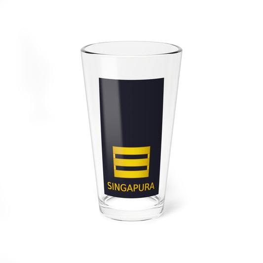 Navy tapered panel with a gold rectangular insignia of three bars above the word SINGAPURA in gold letters.
