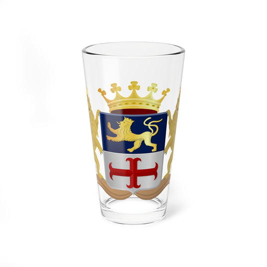 Coat of arms with two crowned gold lion supporters and a shield with a gold lion on blue above a red cross.