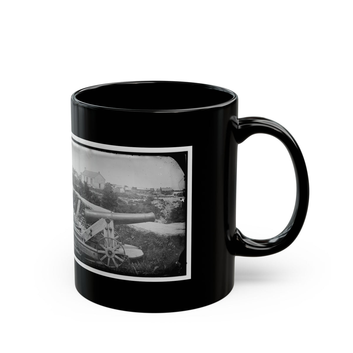 Yorktown, Va. Confederate Naval Gun; In Background Is Nelson Church, Used As A Hospital (U.S. Civil War) Black Coffee Mug