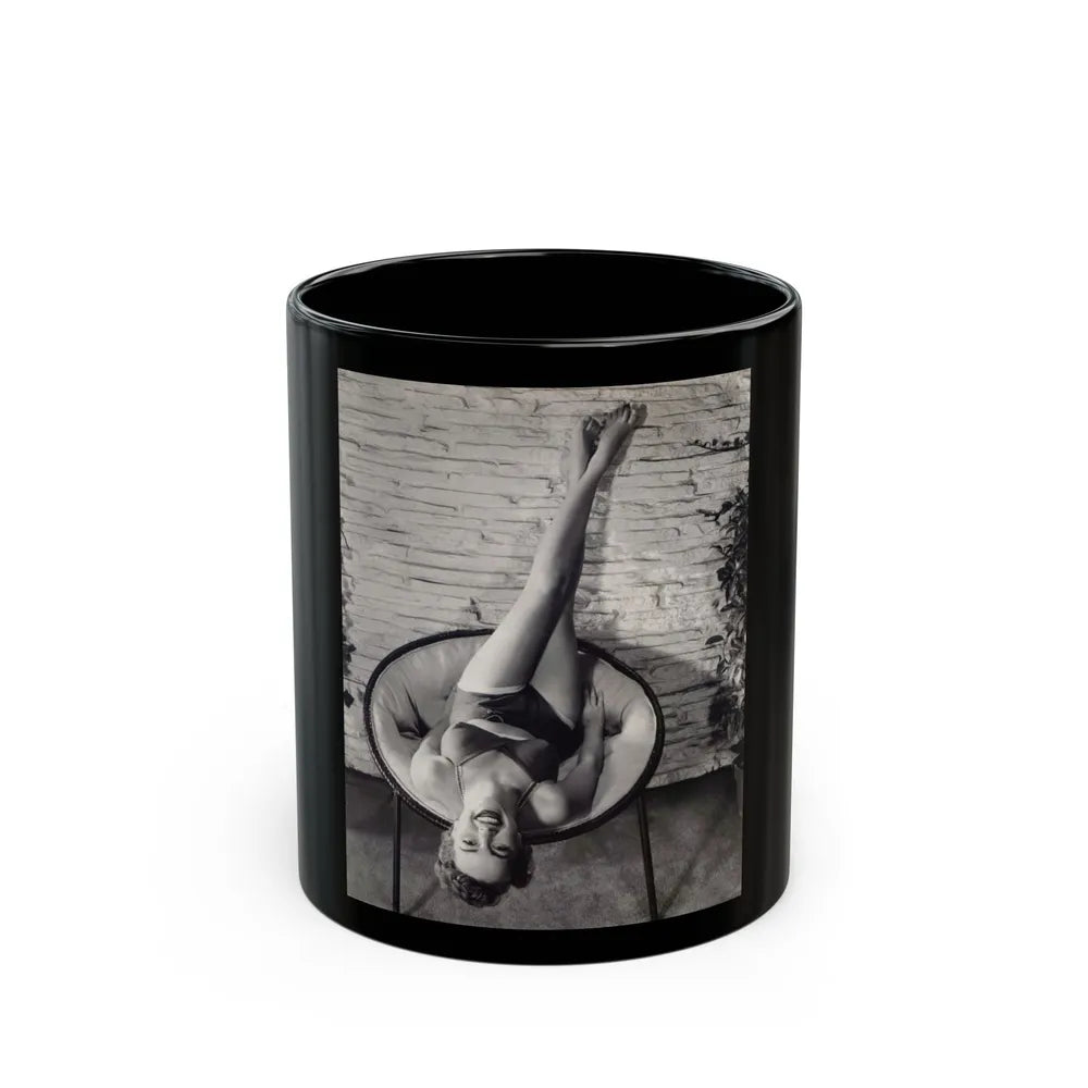 Terry Moore #711 - Vintage 1953 2-Piece B&W Full Body Barefoot Swimsuit Cheesecake Photo from 20th Century Fox Photo Shoot (Vintage Female Icon) Black Coffee Mug-11oz-Go Mug Yourself