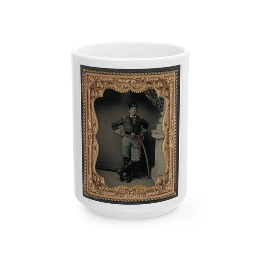 Unidentified Soldier In First Lieutenant's Uniform, Red Sash, Leather Gauntlets, And Spurs With Cavalry Sword (U.S. Civil War) White Coffee Mug-15oz-Go Mug Yourself