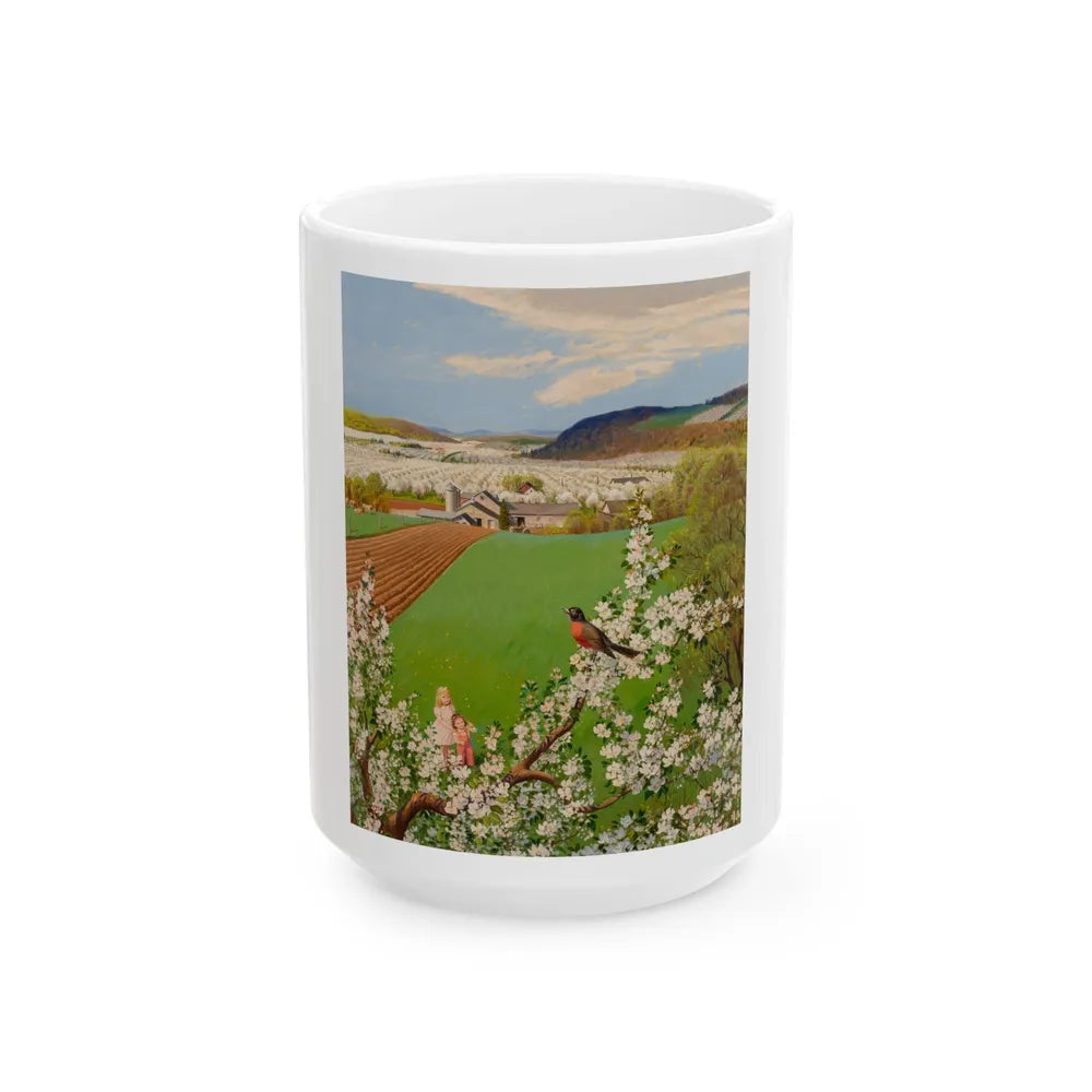 Farm Children Seeing the First Robin of Spring, The Saturday Evening Post cover, May 7, 1955 - White Coffee Mug-15oz-Go Mug Yourself